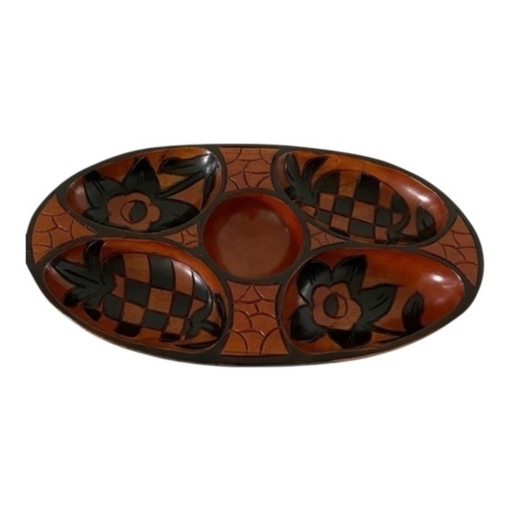 Handcrafted Vintage Wooden Divided Tray with Floral Carvings